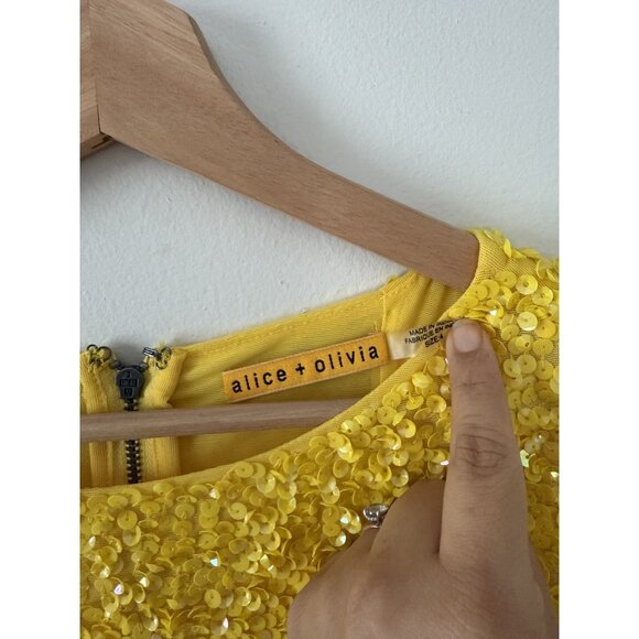 Alice & Olivia Sequin Yellow Aline Mini Dress Party Elegant Glam Wedding 4 - Picture 6 of 9